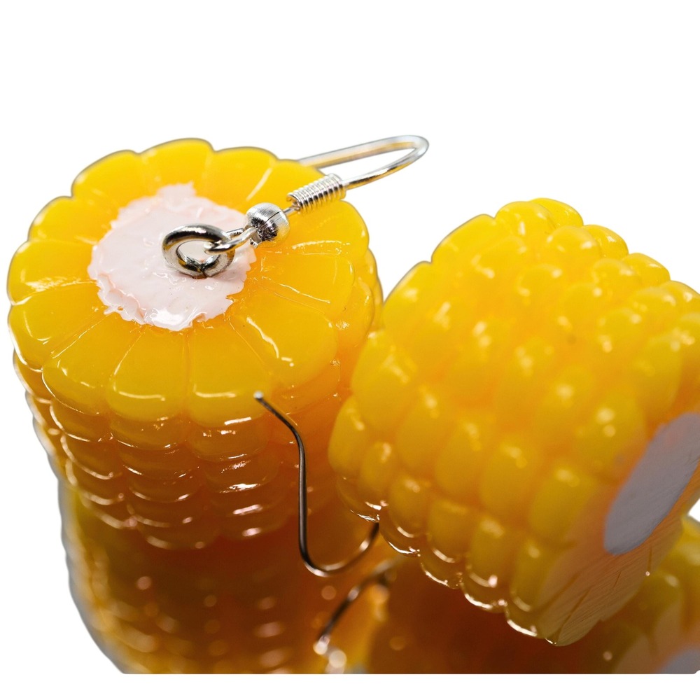 Yellow Corn on the Cob Resin Drop Earrings Whimsical Food Jewelry Silver Tone